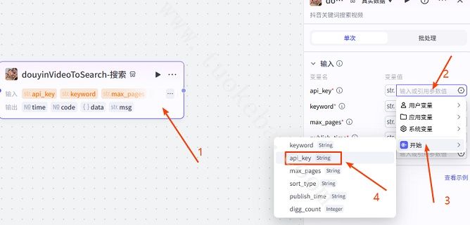 扣子(Coze)工作流教程：输入关键词Coze 自动抓抖音热门视频数据(操作图3)