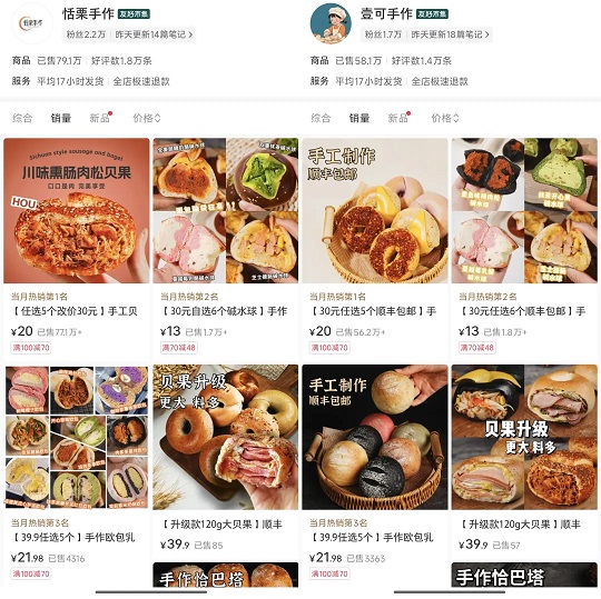 小红书30元5个的贝果面包，累计售出51万单，预估销售额分别为545万元、437万元
